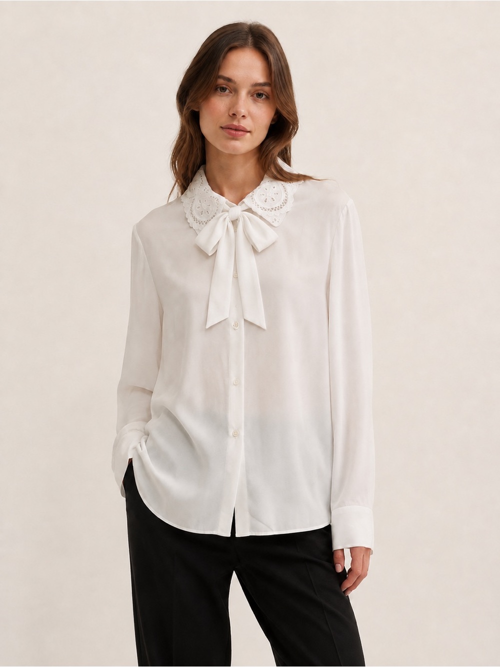 Sandro Paris White Eyelet Collar Removable Tie Bow Blouse Size 0